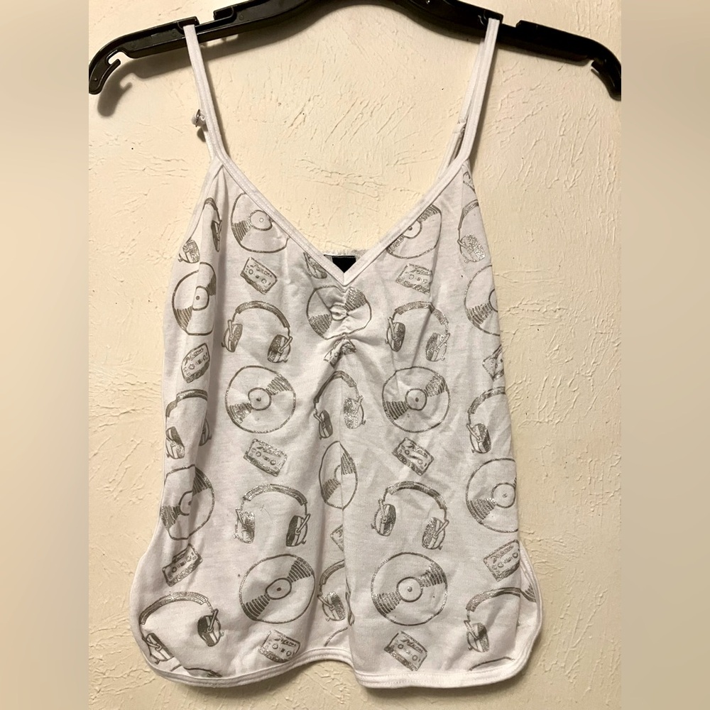 💀 Vintage Lip Service Metal Mixtape Metallic Print White Cami Tank Top RARE M